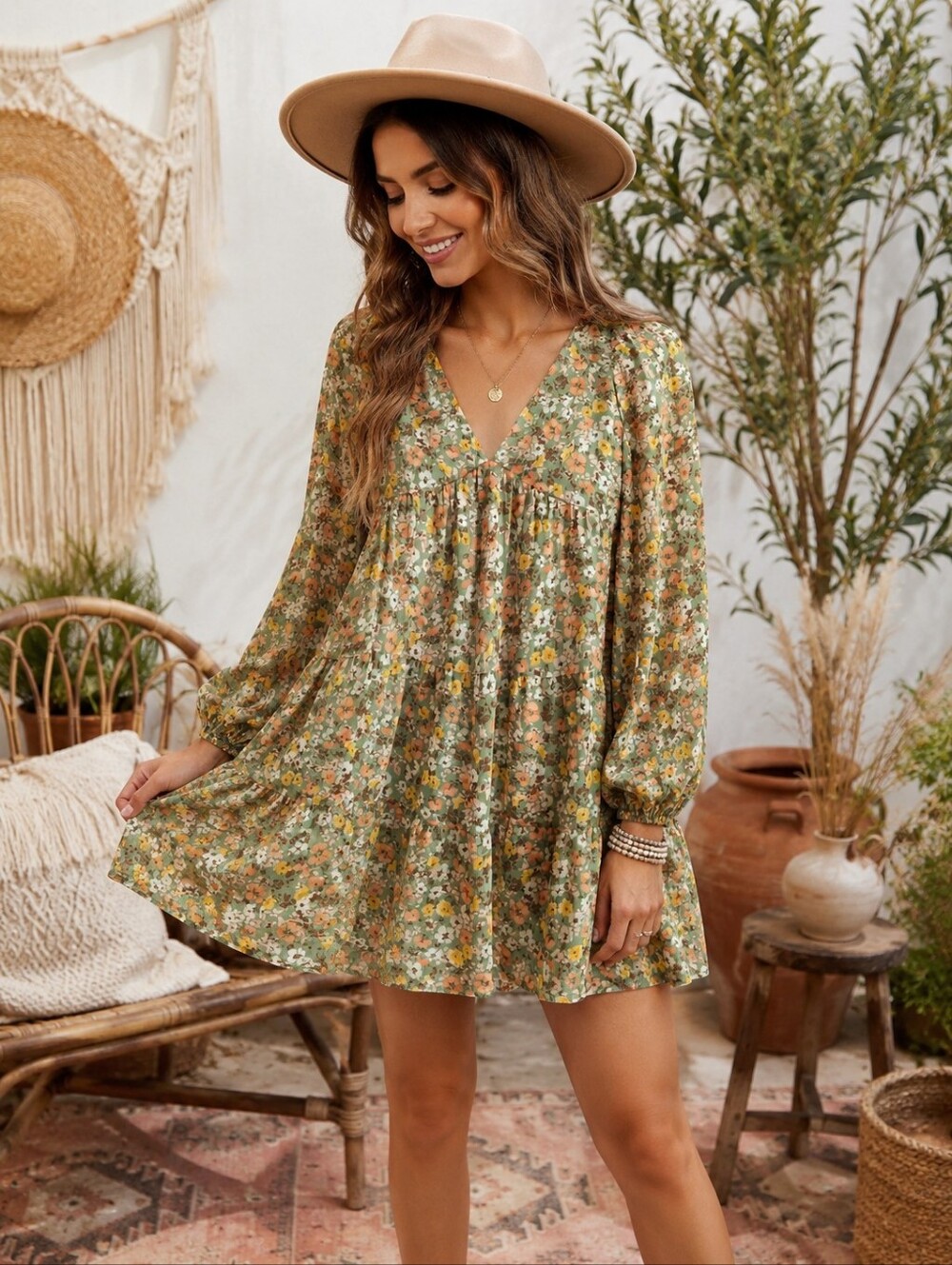 Mittoshop Floral Chiffon Babydoll Mini Dress with Gold Metallic Lurex Size S